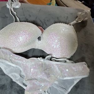Victoria's Secret white sequin ruffle bra set 36D